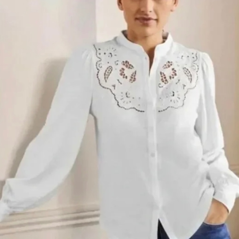 Boden Womens Top Shirt Blouse UK 16P US 12P White Cut Work Cotton T0927 NWT